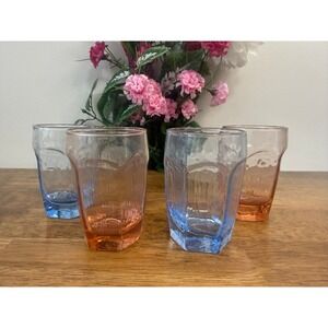 Vintage Libbey Chivalry Pink & Blue Lowball Glasses Set of 4 Mid Century Barware